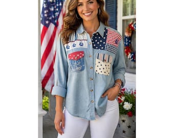 Camisa vaquera de patchwork estilo americano con estrellas y veleros de Cambridge Country Store para mujer, talla L