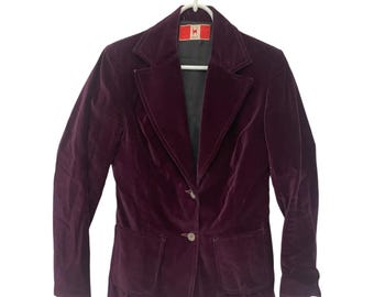 Chaqueta blazer vintage de dos botones con botonadura sencilla de terciopelo granate de Wescott para mujer