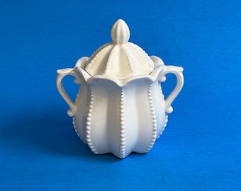 Sugar Bowl White China in Gift Box Small Ornate Victorian Reproduction  by Enesco Display or Use Vintage Theater or Movie Prop