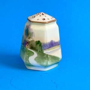 May include: White ceramic salt shaker with a hexagonal shape and a painted scene of a house, trees, and a path leading to a lake. The top of the shaker has a brown rim and holes for dispensing salt.