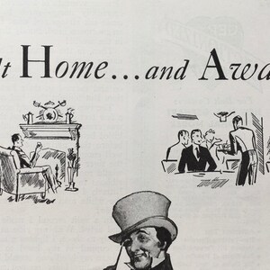 Puede incluir: Ilustraci&oacute;n en blanco y negro de un hombre con un sombrero de copa sentado en una silla junto a una chimenea. El texto "At Home...and Away" est&aacute; en la parte superior de la imagen.