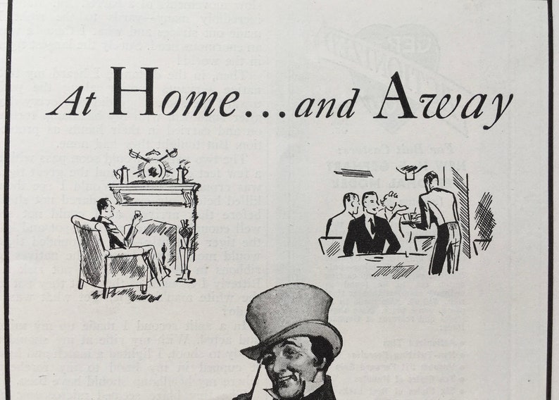 Puede incluir: Ilustraci&oacute;n en blanco y negro de un hombre con un sombrero de copa sentado en una silla junto a una chimenea. El texto "At Home...and Away" est&aacute; en la parte superior de la imagen.