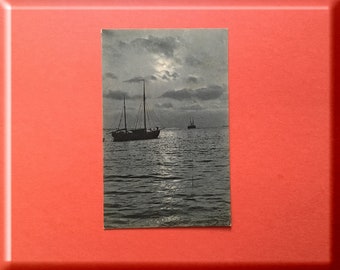 Postal antigua vintage 1906 - Escena en blanco y negro del barco al atardecer - Sello, Mensaje, Cancelación