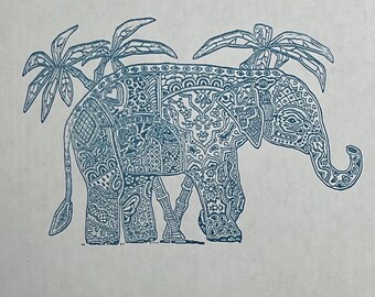 Large Rubber Stamp Elephant with Palm Tree, 5.5”x4” Mehndi Henna Design Style
