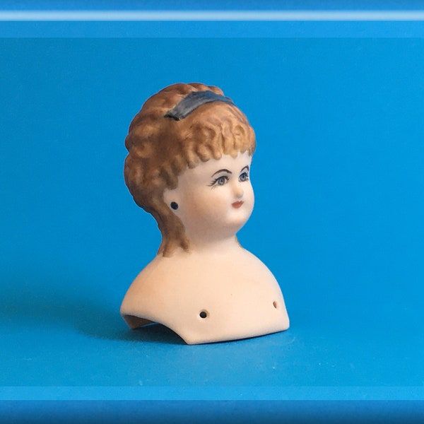 China Doll Head With Blue Headband, Bisque, Gloss Details, Artist's Mark, Gift Box - For Crafting or Display