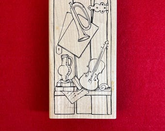 Rubber Stamp Violin and Trumpet Line Art Rustic Musical Instrument Collage  5.5” x 3”
