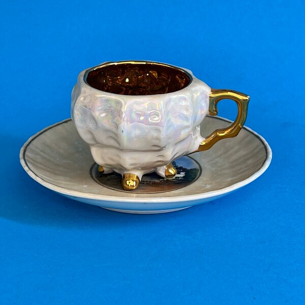 Iridescent Gilded China Demitasse Cup and Saucer Seashell Shape German Fine China Waldsassen Germany