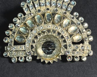 Large Pin Brooch Half Circle Peacock Tail, SUPER Sparkly Crystal Rhinestones, In Gift Box