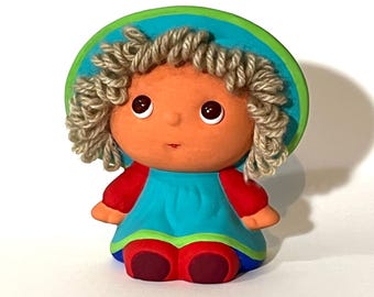 Cute Little Girls Piggy Bank Yarn Hair Brown Eyes Sweet Smile Blue Dress and Sunbonnet Red Shoes Great Gift to Teach Kids Good Saving Habits