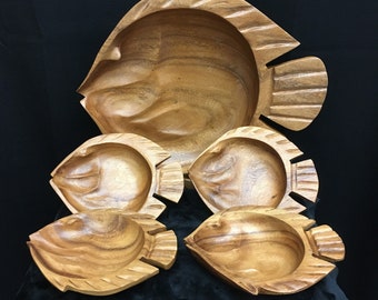 Teak 1960s Tiki Fish Snack Set With Platter and 4 Dishes, Mid Century Cocktail Party Serveware Tiki Chic