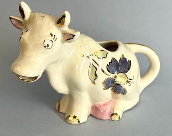 Cow Creamer, Whimsical and Ornate, Gilded Detail, Opalescent Purple Flower Ornament