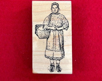 Country Girl Courtney with Basket Halftone Portrait Rubber Stamp 2"x3.75" Old Fashioned Farmhouse Cottage Theme