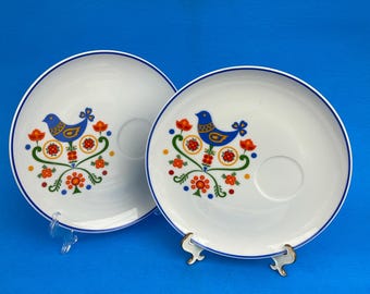 Vintage Snack Plates 8.5" Colorful Lancaster County Pattern by Fred Roberts Co. 1975 Bluebird and Floral Amish Motif Made In Japan