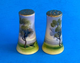 Scenic Salt and Pepper Hand Painted Gilded Tops Japan 1930s