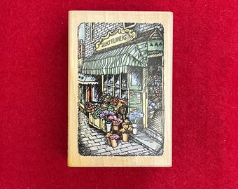 Rubber Stamp Flower Shop on a Quiet Little Street Detailed Line Art Cozy and Old Fashioned