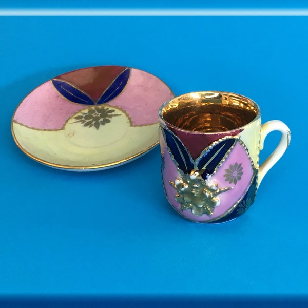 Child's Tea Cup and Saucer, Lustreware, Gilded, Floral Design and Relief, Made in Germany, 1930s or 40s, Playtime or Demitasse