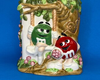 M&Ms Ceramic Planter Green and Red On a Swing Under a Tree Funny and Romantic