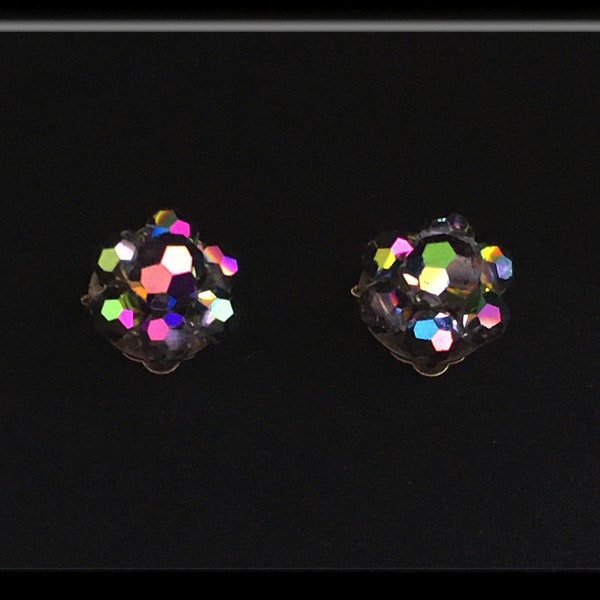 Vintage Clip Earrings, Rainbow Crystal Iridescent Glass Rhinestone, 1960s, Gift Box