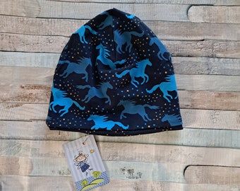 Mütze - Beanie Mädchen blau Pferde  KU 50-55