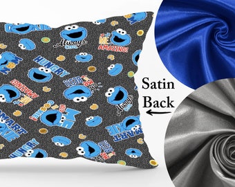 Reversible Satin & Cotton Pillowcase Cookie Monster Bedding Double Sided Zipper Closure Pillow Sham Sesame Street Kids Bedroom Personalized