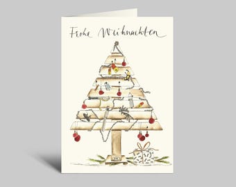 Christmas card for cyclists | Wooden Christmas tree with road bike accessories | Merry Christmas | Folded card with envelope