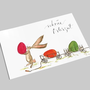 Osterkarte | Hase mit einem Bollerwagenzug voller Eier |Ostereierzug | Postkarte zu Ostern | Schöne Osterzeit