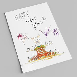 Neujahreskarte | Yogaschwein zählt 10...9...8... | Happy New Year | Aquarell-Postkarte Silvester