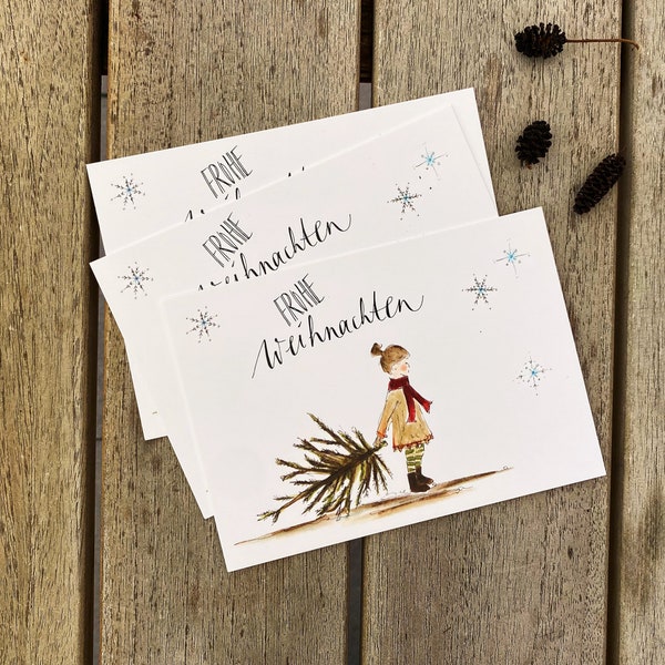 Weihnachtskarte | süßes Mädchen mit kleiner Tanne | Frohe Weihnachten | Postkarte im Querformat | Adventskarte