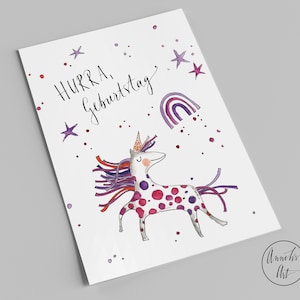 Postkarte - HURRA Geburtstag | Einhorn und Regenbogen | Geburtstagskarte
