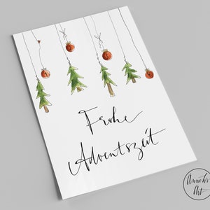 Weihnachtskarte | Frohe Adventszeit | Vier Kugeln 1, 2, 3, 4 und vier Bäumchen | Postkarte