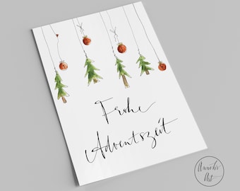 Weihnachtskarte | Frohe Adventszeit | Vier Kugeln 1, 2, 3, 4 und vier Bäumchen | Postkarte