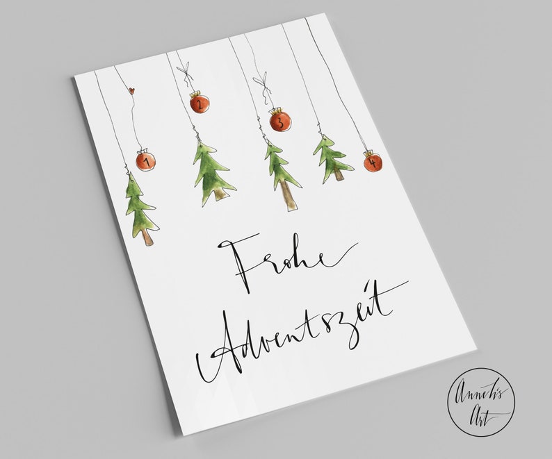 Weihnachtskarte Frohe Adventszeit Vier Kugeln 1, 2, 3, 4 und vier Bäumchen Postkarte Bild 1