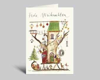 Verrückte Weihnachtskarte mit Aquarellmotiv | BaumHausSchlitten | Adventsdeko | Frohe Weihnachten | mit Umschlag