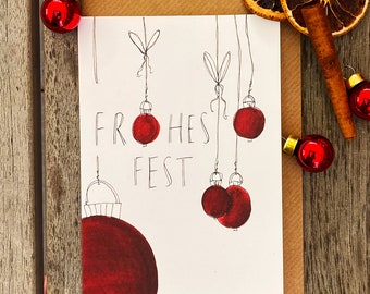 Happy Holidays | Christmas Card | Hanging Red Christmas Balls | Folding card A6 | Portrait format Christmas card