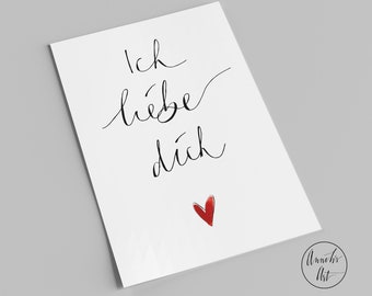 Valentinstagskarte | Postkarte mit Spruch | Ich liebe dich | Liebeskarte mit Herz | Hochformat | Handlettering