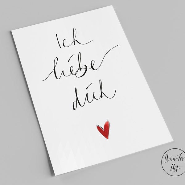 Valentinstagskarte | Postkarte mit Spruch | Ich liebe dich | Liebeskarte mit Herz | Hochformat | Handlettering