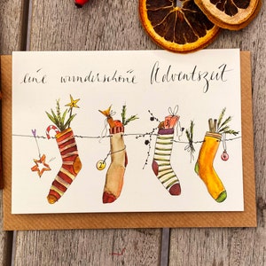 Eine wunderschöne Adventszeit |  gefüllte Weihnachtssocken | Klappkarte  | Weihnachtskarte mit Umschlag