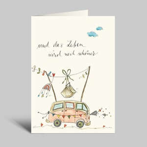 Klappkarte zur Geburt | Bulli und Kind (2. Auflage) | Karte mit Umschlag für Vanlife Fans | "und das Leben wird noch schöner"