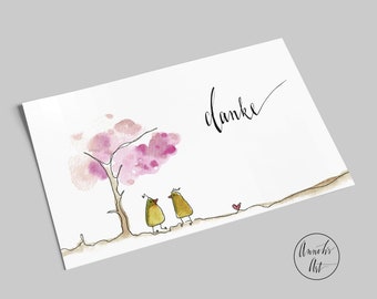 Thank you card | two chicks under cherry blossoms | thank you | Watercolor postcard