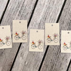 Geschenkanhänger | 5 x Buntes Blumenfahrrad | Sommerliches Namenschildchen | Rechteckig aus Graspapier | 8,5 x 5,5 cm
