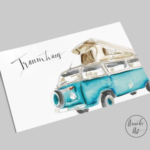 Postkarte | blauer Bulli mit Aufstelldach  | Traumhaus | Vanlife-Karte