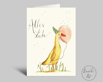 Folding card with envelope | Birthday greeting card | Running duck | All love
