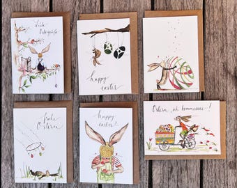 Lot de 6 cartes de Pâques | Six cartes de Pâques avec enveloppe | Cartes de Pâques à l'aquarelle avec différents motifs | Pâques magique