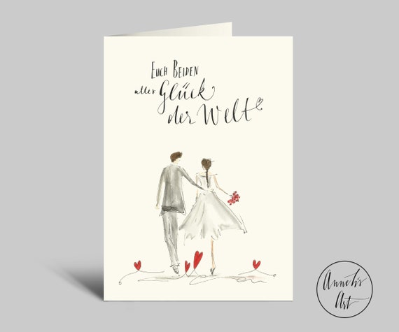 Aquarell Hochzeitskarte mit Spruch, Brautpaar und Herzen | Klappkarte DIN A6