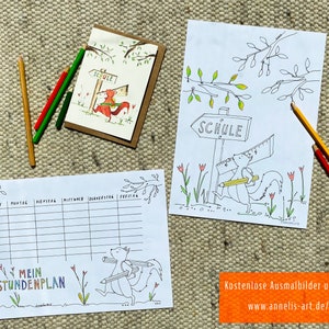 May include: A printable coloring page featuring a squirrel carrying a pencil and a ruler, walking towards a sign that says "Schule" (German for school). The page is surrounded by a border of flowers and leaves.