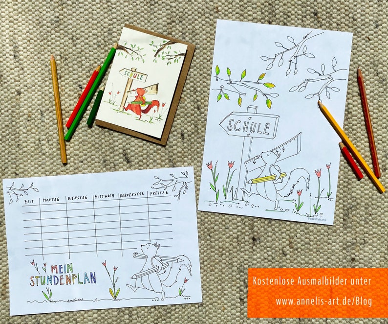 May include: A printable coloring page featuring a squirrel carrying a pencil and a ruler, walking towards a sign that says "Schule" (German for school). The page is surrounded by a border of flowers and leaves.