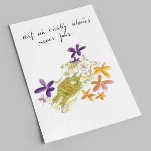 Neujahreskarte | Auf ein richtig schönes neues Jahr | Schwein in Blumenwiese | Postkarte zu Silvester