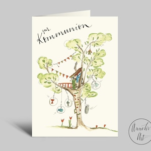 Klappkarte zur Kommunion mit buntem Kletterbaum | Kommunionskarte DIN A6 mit Umschlag
