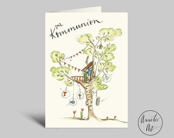 Klappkarte zur Kommunion mit buntem Kletterbaum | Kommunionskarte DIN A6 mit Umschlag