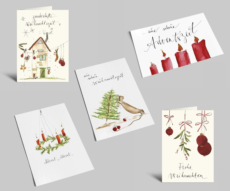 Weihnachtskarten 5er Set Aquarell-Karten zur Weihnachtszeit Frohe Adventszeit Schöne Weihnachtszeit verschiedene Motive Sparpaket Bild 2